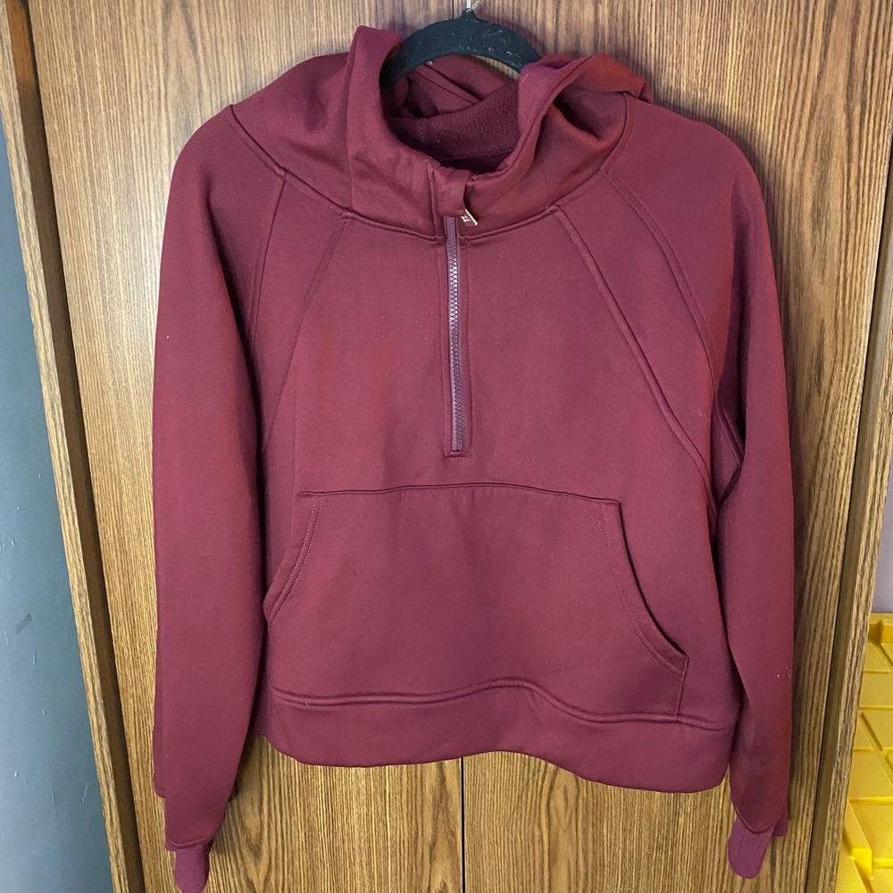 LASLULU Half Zip Hoodie Women Large Maroon Fleece Cropped Pullover Sweatshirt